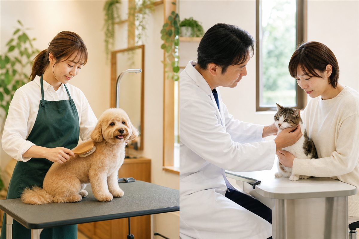 犬のトリミングと猫の動物病院での診察
